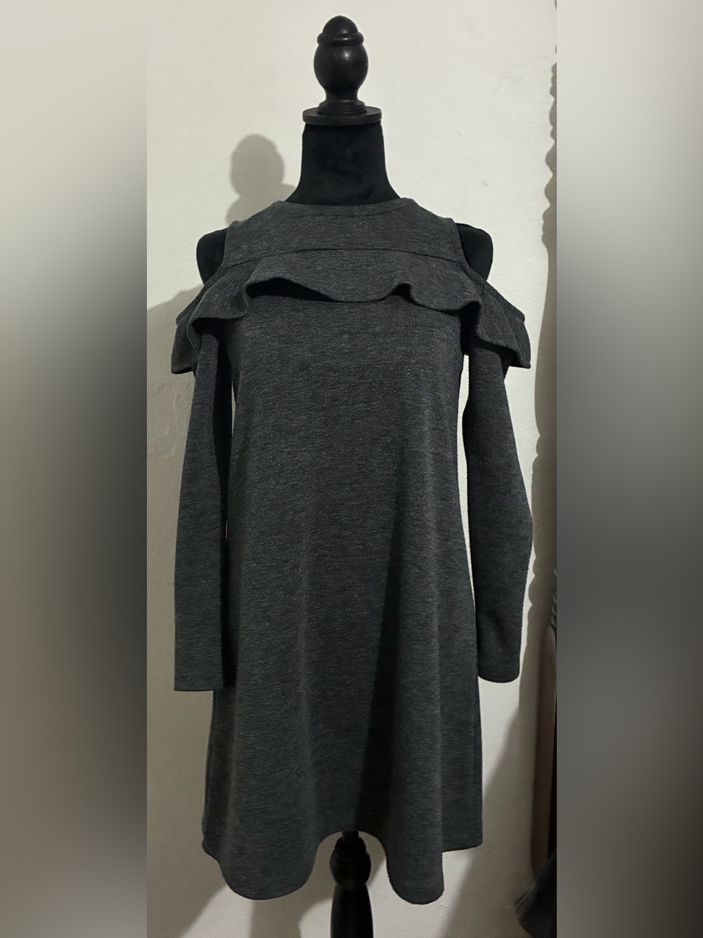 Gray Cold Shoulder Ruffle Mini Dress - Picture 2 of 5